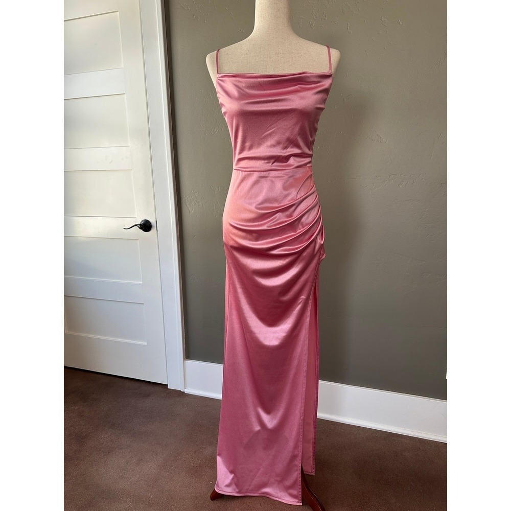 New B.Darlin Formal Gown Sz 5/6 Pink Satin Cowl Neck Ruched Slit Floor Length - Picture 2 of 14